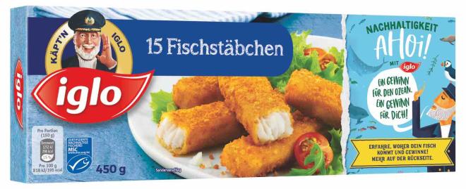 Fischstäbchen Verpackung mit Promotion Ankündigung