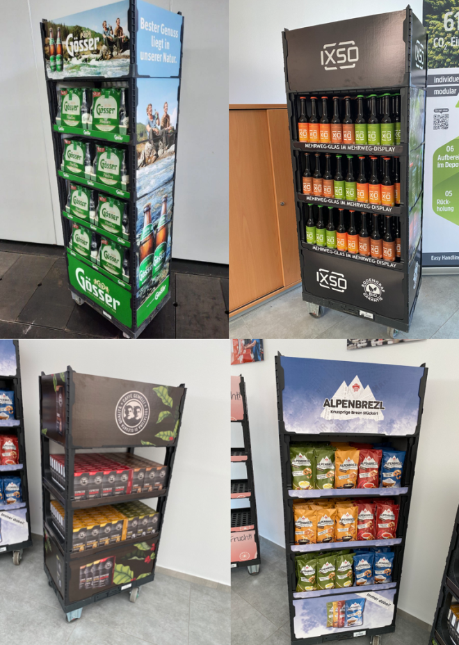 Bespiele an Mehrweg Displays: Gösser, Ixso, Alpenbrezl, Café Gemelli