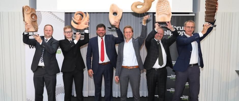 Wellpappe-Gewinner: v.l.n.r.: Karl Pucher (Rondo Ganahl St. Ruprecht); Alexander Erath (Rondo Ganahl Frastanz); Stephan Kaar (Rondo Ganahl Frastanz); Florian Döbl (Mondi Grünburg); Franz Grafendorfer (Steirerpack); Dieter Glawischnig (DS Smith Packaging Austria Kalsdorf)