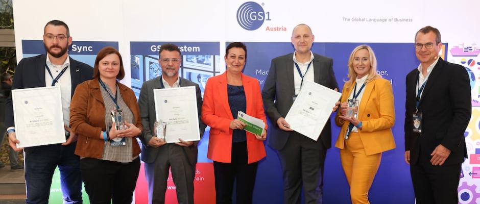 v.l.n.r.: Patrick Meszarits und Anita Haidl (Top Spirit Handels- und Verkaufsgesellschaft m.b.H.), Reinhard Mülleder (Conaxess Trade Austria GmbH), Ing. Barbara Wendelin (GS1 Austria), DI Andreas Gebhart und Margit Petermöller (Veggie Meat GmbH), Mag. Gregor Herzog (GS1 Austria). 