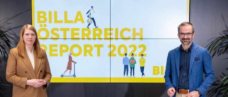 v.l.: Elke Wilgmann, Vorständin Consumer Billa, und Stefan Schiel, Managing Director marketmind, präsentierten die Ergebnisse des aktuellen Billa Österreich Reports 2022