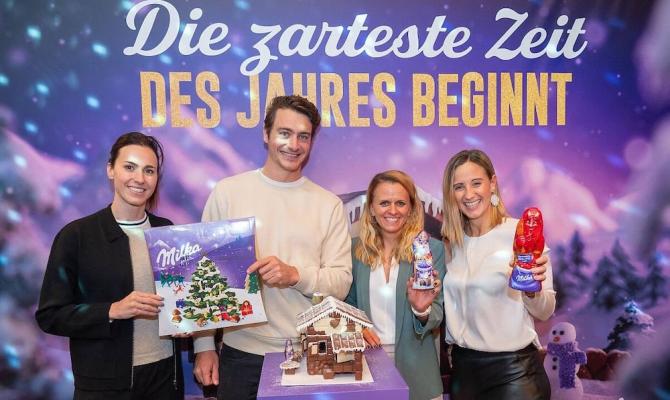 Milka Schokohaus Weihnachtszauber (v.l.n.r.): Viktoria Schnaderbeck, Alessandro Hämmerle, Nina Mahnik, Michi Kirchgasser