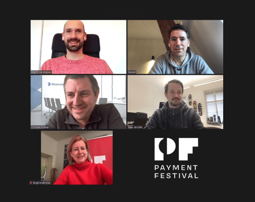 Payment Festival, die Initiatoren: Martin Sprengseis (obenlinks), Gerald Gruber (oben rechts), Christian Pirkner (Mitte links), Max Jürschik (Mitte rechts), Birgit Kraft-Kinz (unten links).