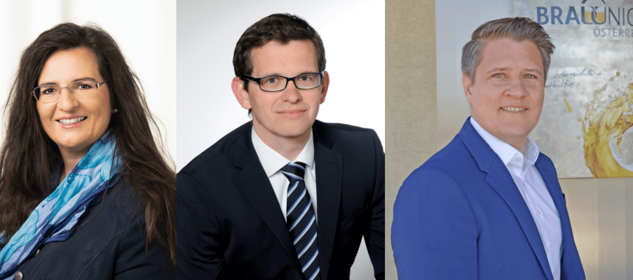 Brau Union Österreich im Interview (v.l.): Dr. Gabriela Straka, Mitglied des Management Teams, Mag. Klaus Schörghofer, Vorstandsvorsitzender der Brau Union Österreich, Mag. Markus Kapl, Leiter des Geschäftsfeldes Lebensmittelhandel.