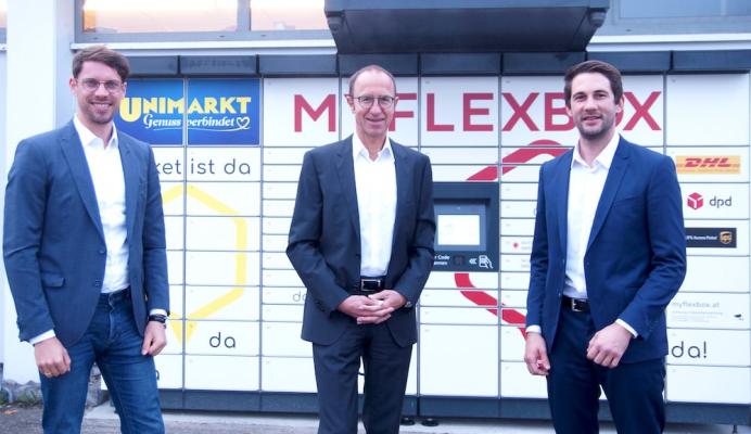 Lukas Wieser, Head of Partnerships and Sales MyFlexBox, Andreas Haider, Eigentümer und GF Unimarkt Gruppe, Jonathan Grothaus, Head of Product and Strategy, MyFlexBox