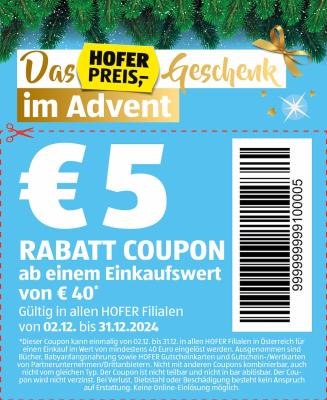 5-Euro-Rabatt- Coupon-Aktion bei HOFER
